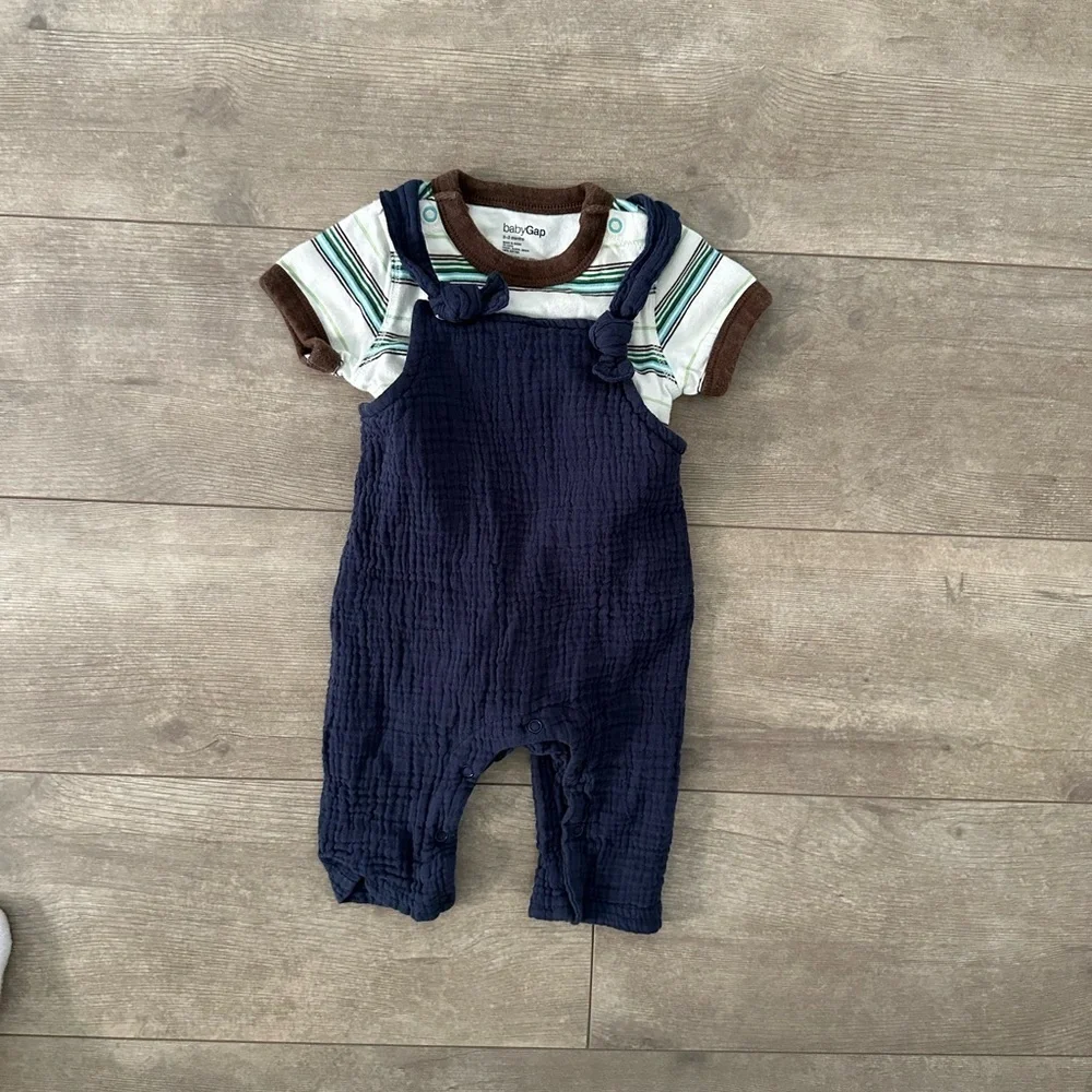 Vintage GAP Stripe Bodysuit & Chick Pea Overalls Baby Boy Matching Outfit 0-3 M